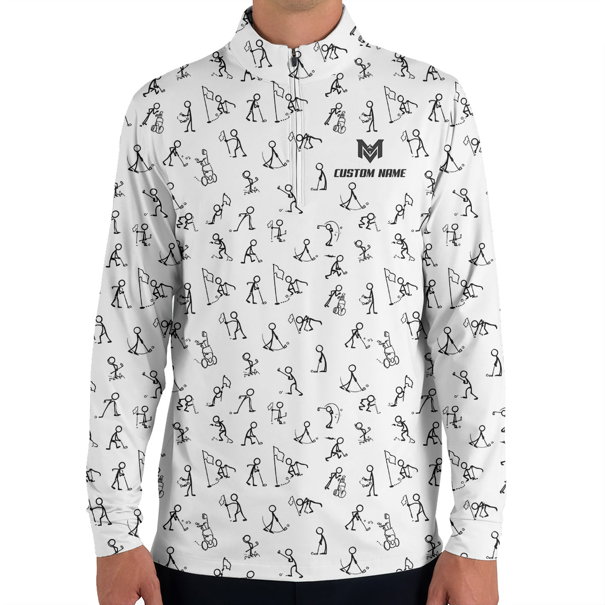 Funny Stick Figure Golf Pattern Polo Shirt for Men Custom Name All Over Print Golf Polo Golf Lover Gift Lightweight Performance Golf Shirt