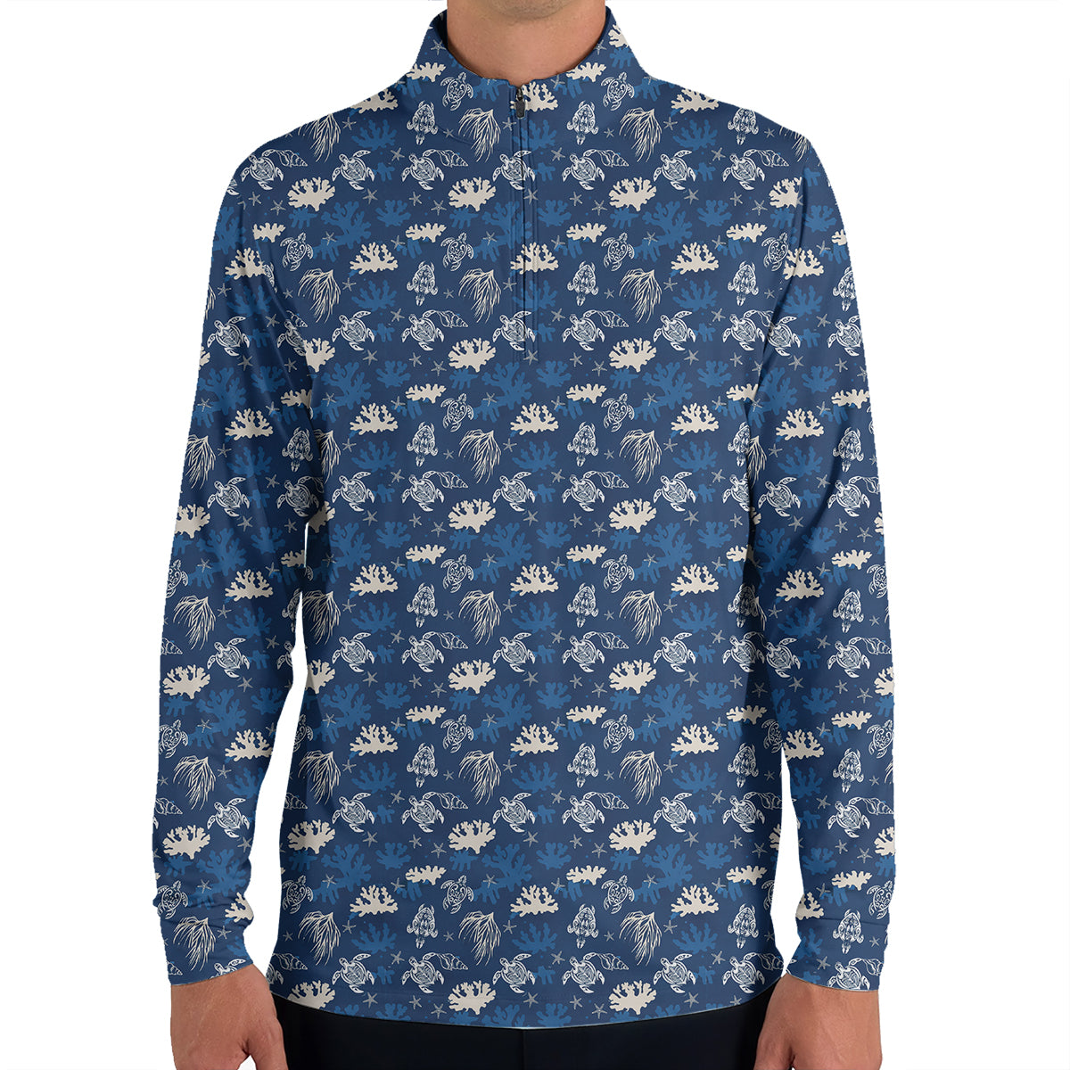 Men’s Hawaiian Sea Turtle Golf Polo Shirt, Ocean Coral & Marine Pattern Golf Shirt, Tropical Beach Style Golf Polo, Summer Golf Apparel