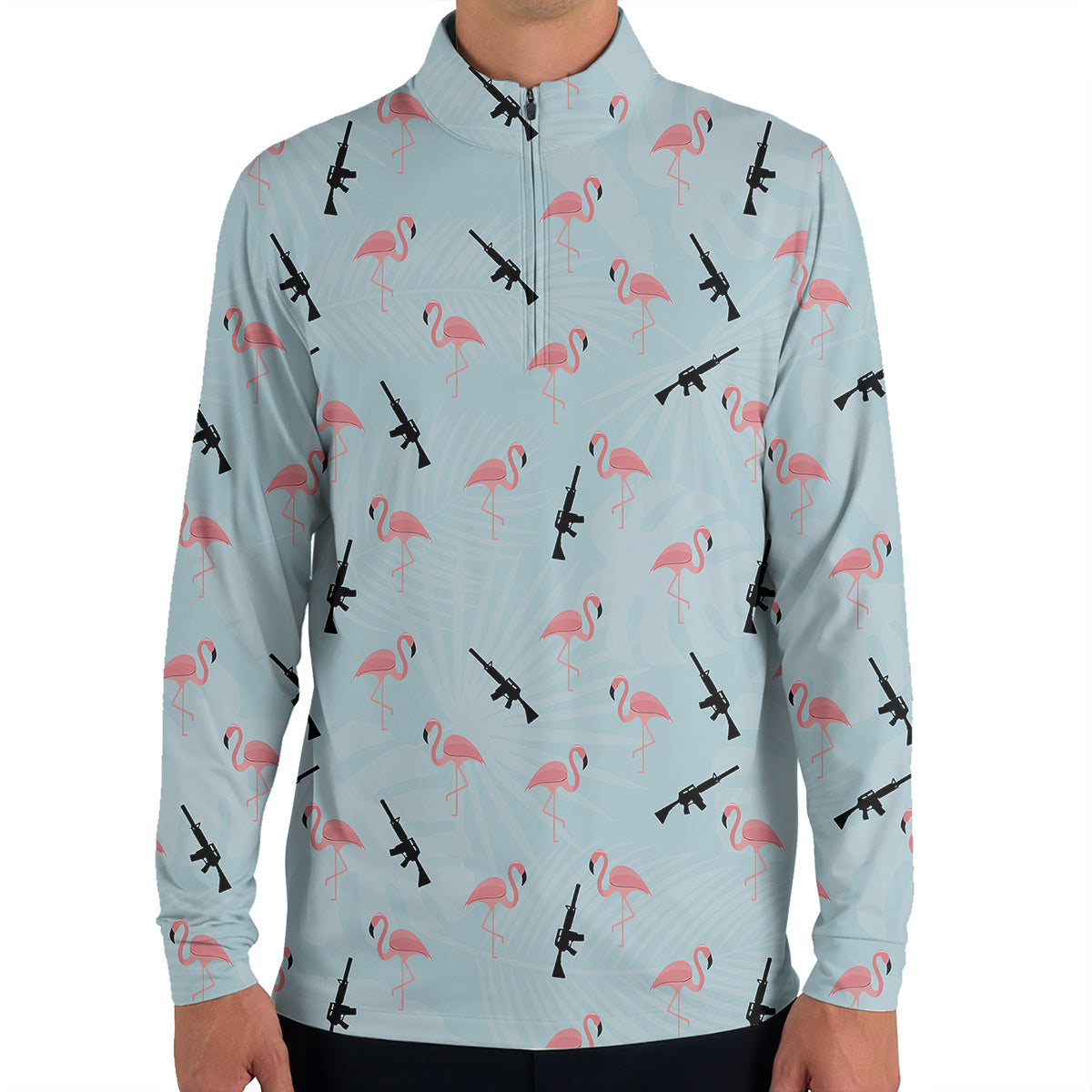 Funny Flamingo Gun Golf Polo Shirt for Men – Tactical Flamingo Pattern Performance Golf Shirt, Lightweight Breathable Novelty Golf Polo