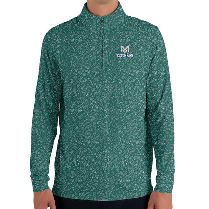 Green Golf Doodle Pattern Quarter Zip Golf Pullover for Men Funny All Over Print Lightweight Long Sleeve Performance Golf Jacket