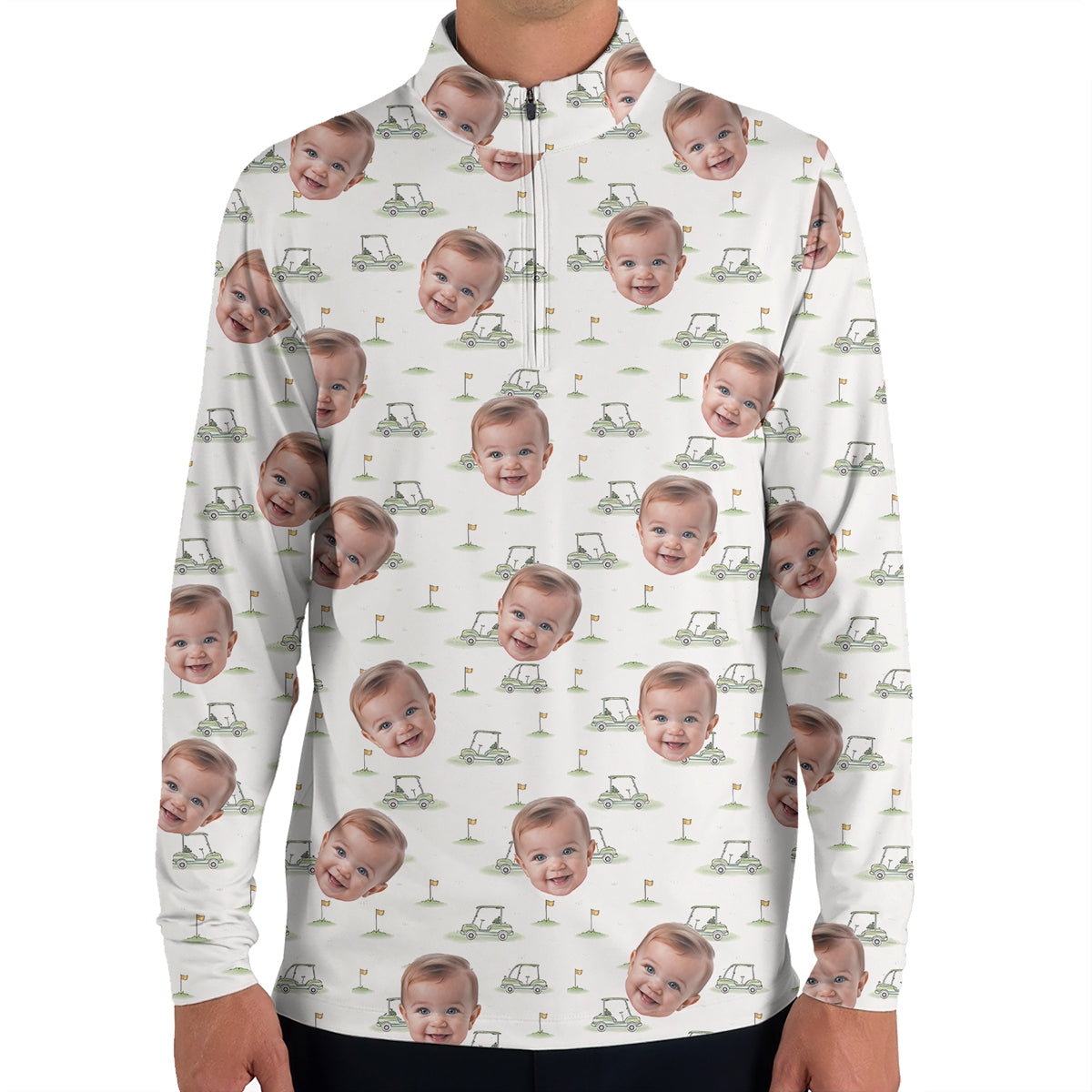 Funny Custom Baby Face Golf Polo Shirt for Men Personalized Photo Golf Shirt with Golf Cart Pattern All Over Print Unique Golf Gift for Dad or Grandpa