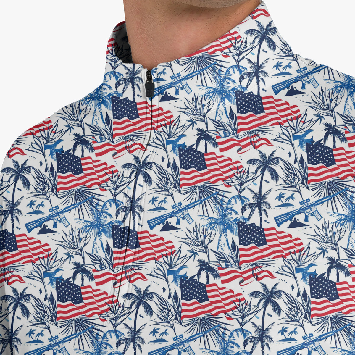 American Flag Hawaiian Golf Polo Shirt for Men – Patriotic USA Tropical Performance Golf Shirt, Lightweight Breathable 4th of July Golf Polo