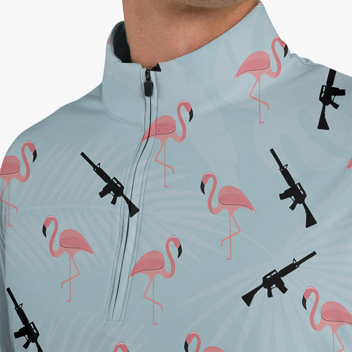 Funny Flamingo Gun Golf Polo Shirt for Men – Tactical Flamingo Pattern Performance Golf Shirt, Lightweight Breathable Novelty Golf Polo