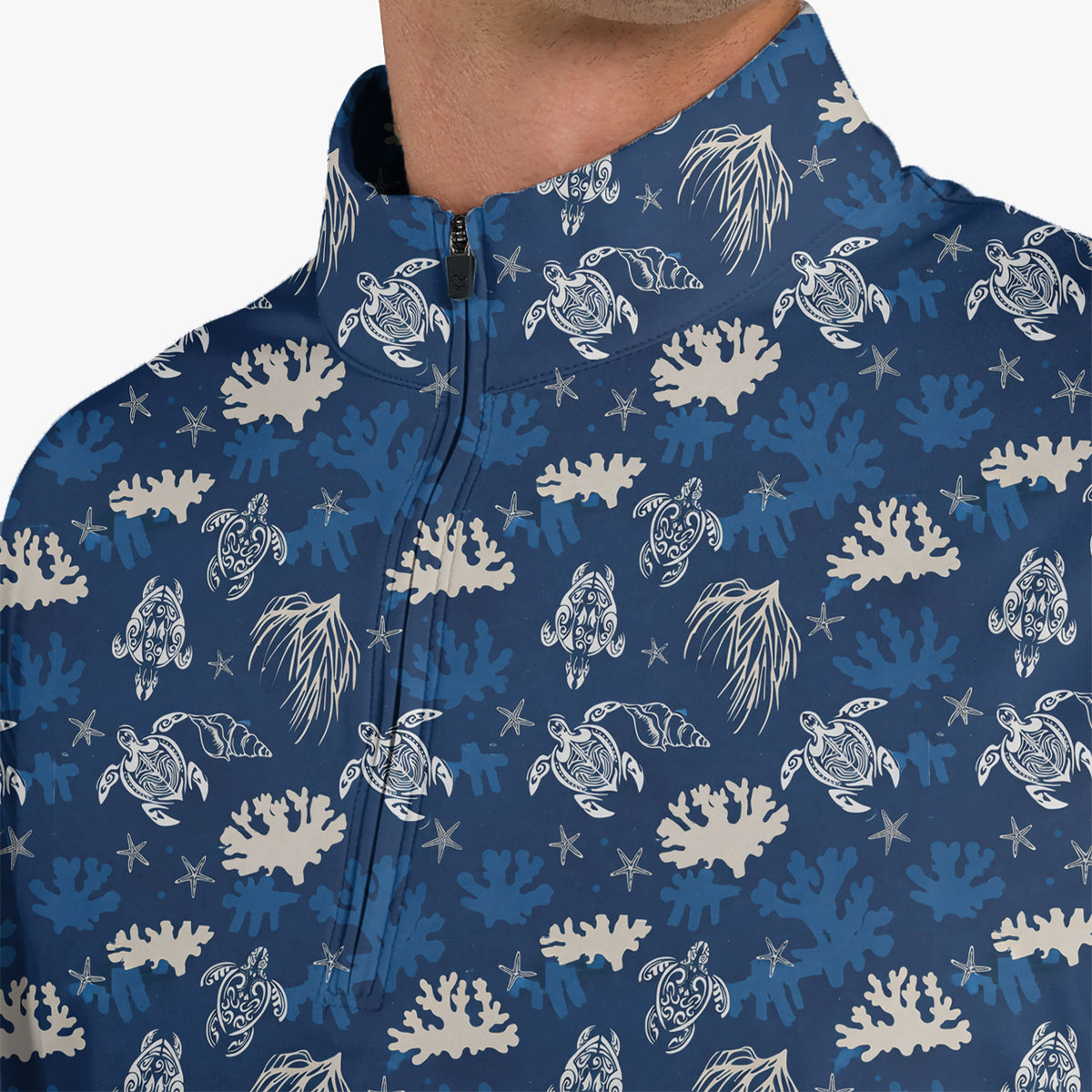 Men’s Hawaiian Sea Turtle Golf Polo Shirt, Ocean Coral & Marine Pattern Golf Shirt, Tropical Beach Style Golf Polo, Summer Golf Apparel