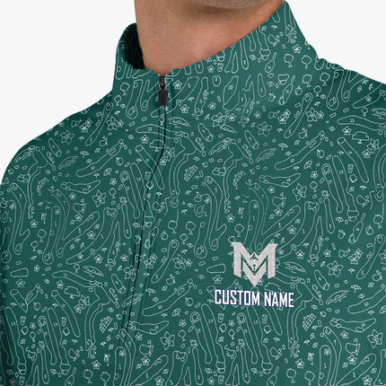 Green Golf Doodle Pattern Quarter Zip Golf Pullover for Men Funny All Over Print Lightweight Long Sleeve Performance Golf Jacket