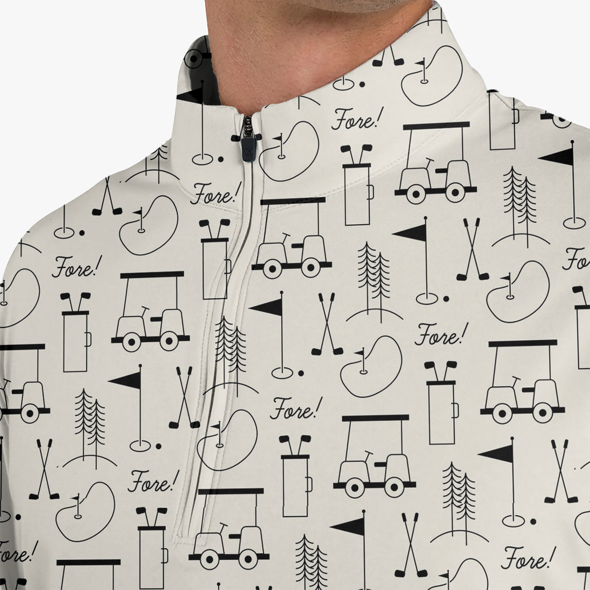 Men’s Funny Golf Polo Shirt, Golf Cart & Clubs “Fore!” Pattern, Casual Golf Polo for Golfers, Golf Lover Gift