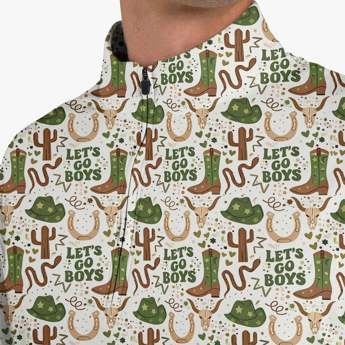Men’s Funny Cowboy Golf Polo Shirt, Western Boots Cactus “Let’s Go Boys” Pattern Golf Shirt, Country Western Golf Apparel, Rodeo Style Golf Polo
