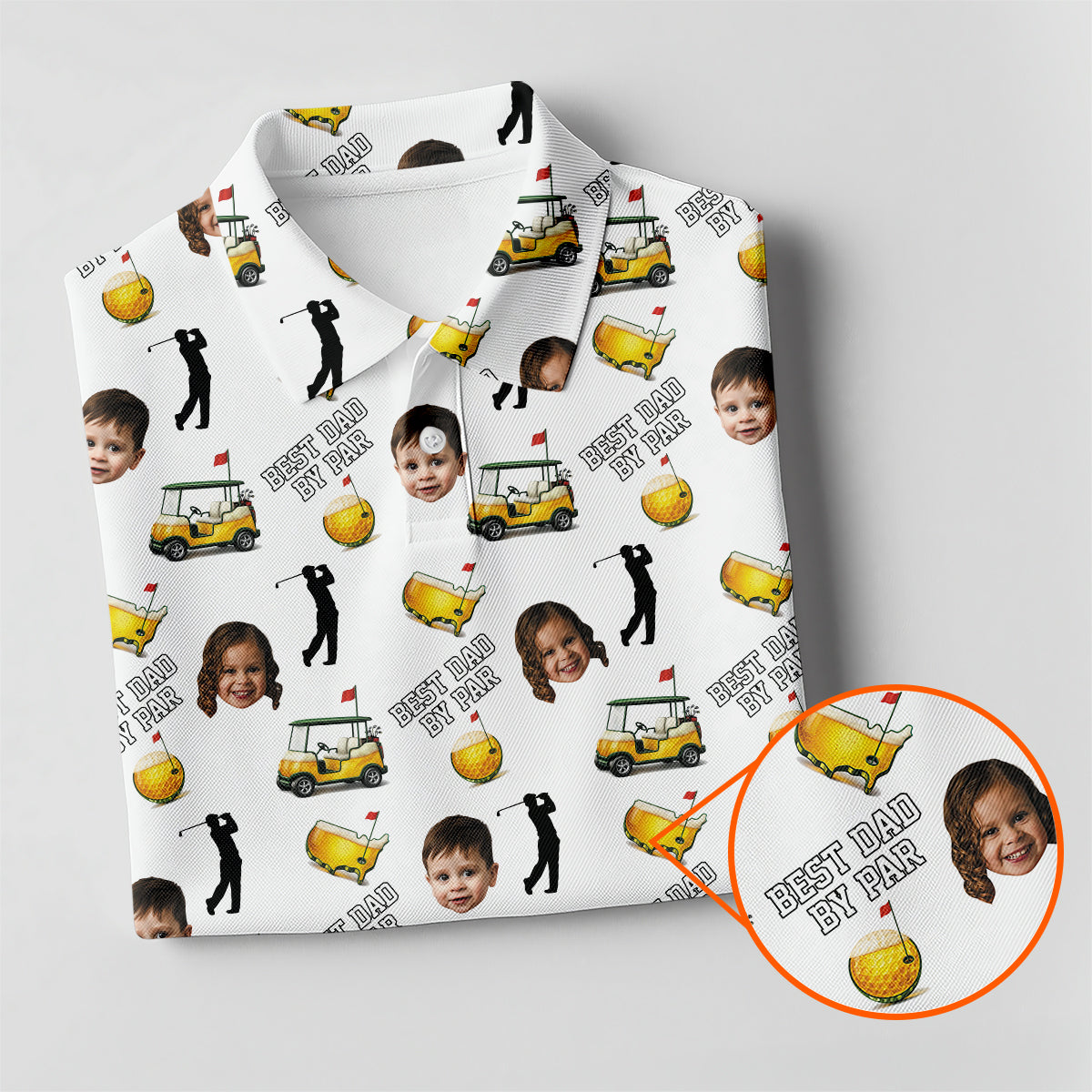 Funny Custom Baby Face, Golf Polo Shirt for Men, Best Dad By Par Golf Cart Pattern