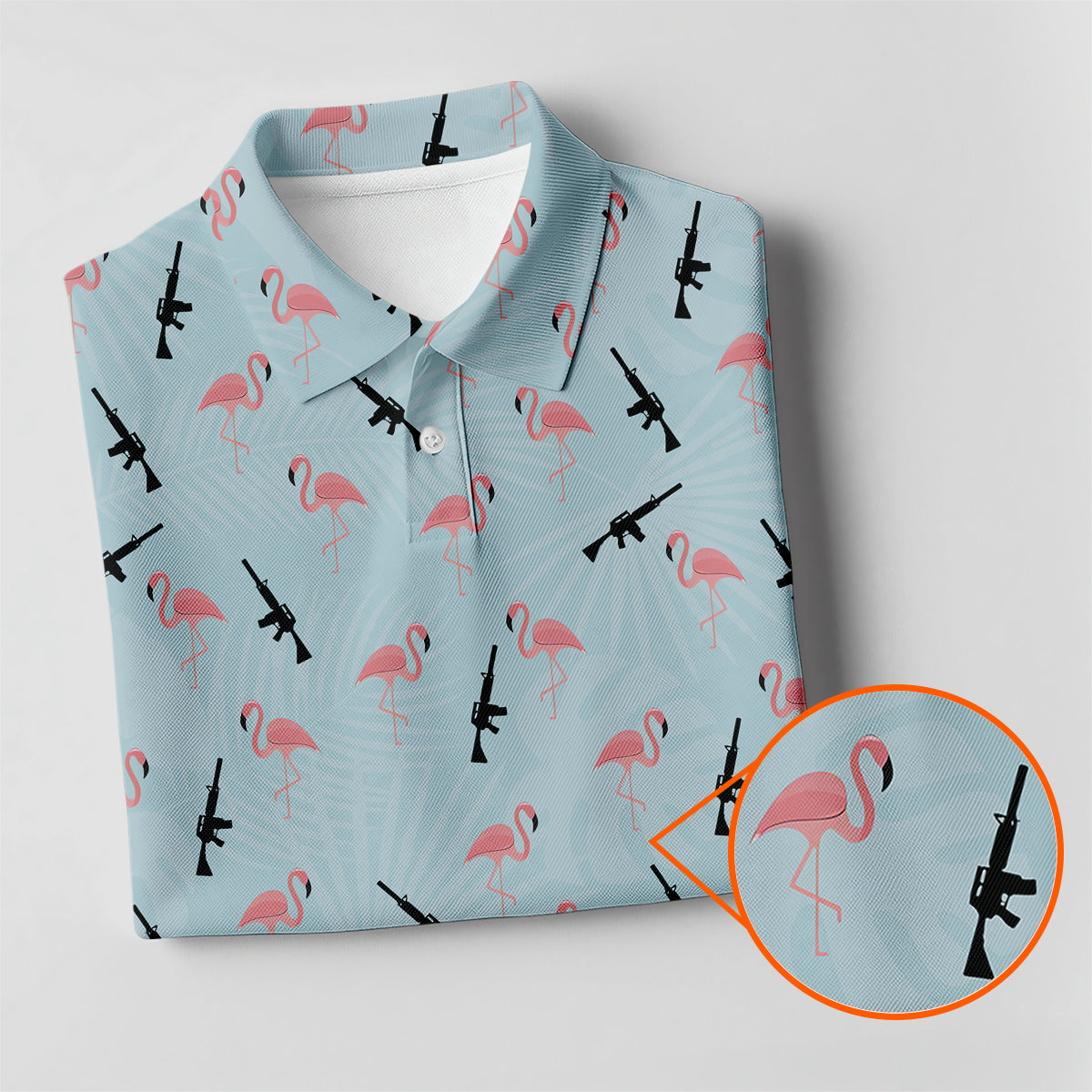 Funny Flamingo Gun Golf Polo Shirt for Men – Tactical Flamingo Pattern Performance Golf Shirt, Lightweight Breathable Novelty Golf Polo