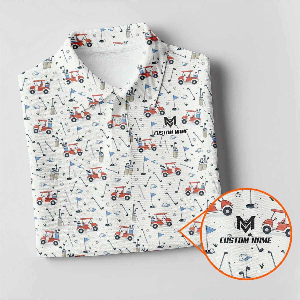 Personalized Funny Golf Cart Pattern Polo Shirt for Men All Over Print Golf Equipment Design Performance Golf Polo Lightweight Breathable Golf Apparel
