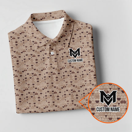 Brown Golf Ball Pattern Polo Shirt for Men Classic All Over Print Performance Golf Polo Lightweight Breathable Golf Apparel