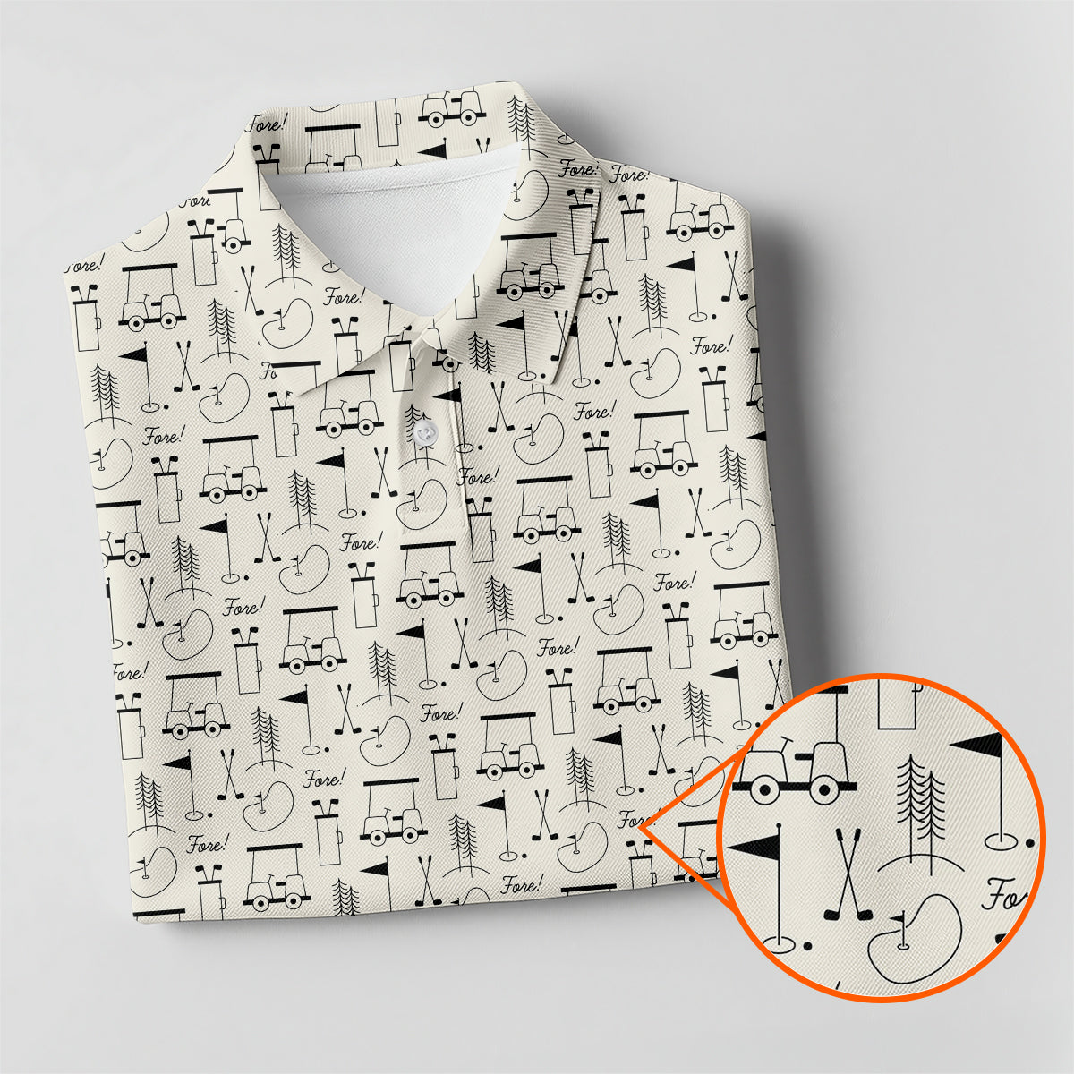 Men’s Funny Golf Polo Shirt, Golf Cart & Clubs “Fore!” Pattern, Casual Golf Polo for Golfers, Golf Lover Gift
