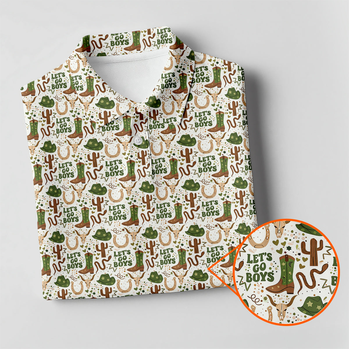 Men’s Funny Cowboy Golf Polo Shirt, Western Boots Cactus “Let’s Go Boys” Pattern Golf Shirt, Country Western Golf Apparel, Rodeo Style Golf Polo