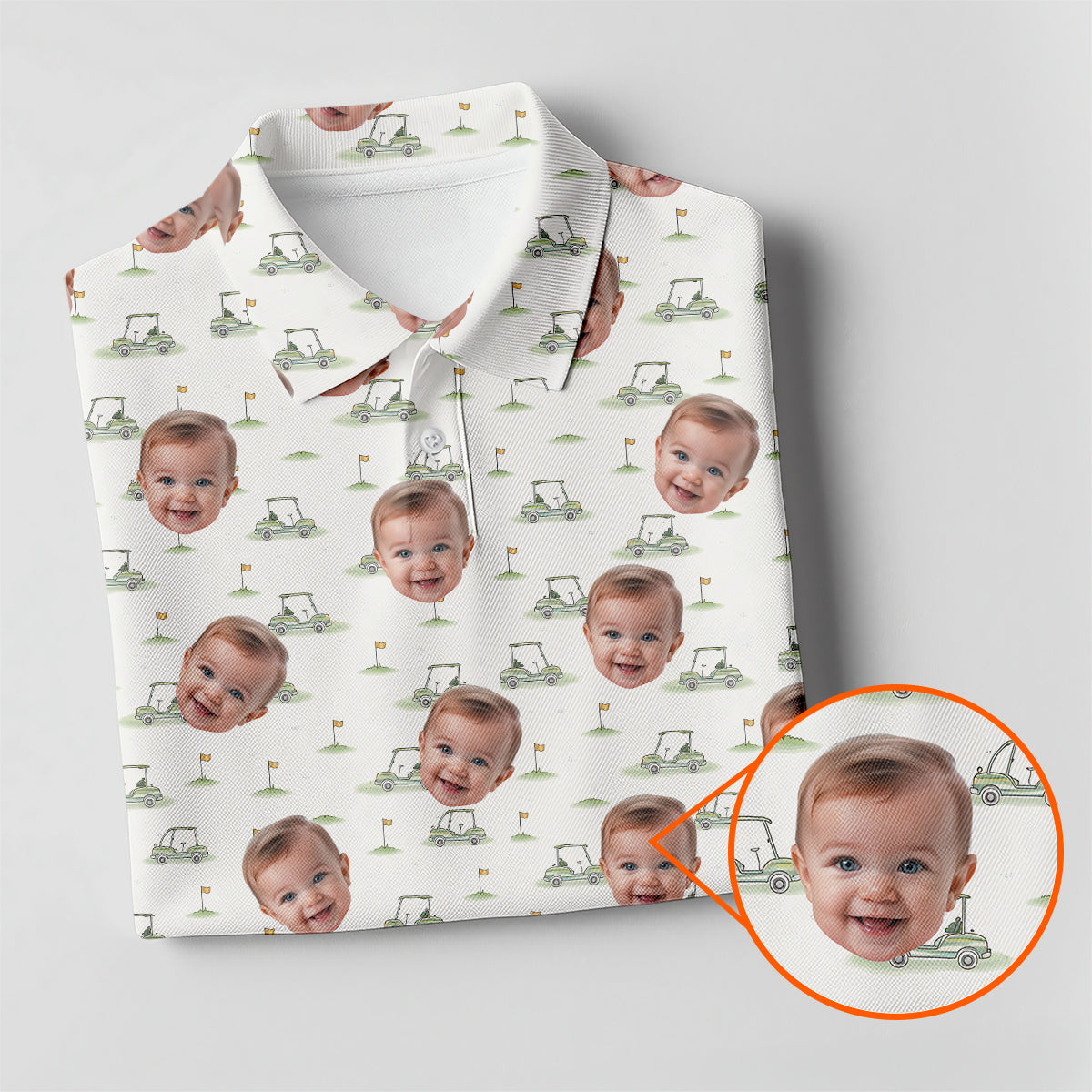 Funny Custom Baby Face Golf Polo Shirt for Men Personalized Photo Golf Shirt with Golf Cart Pattern All Over Print Unique Golf Gift for Dad or Grandpa