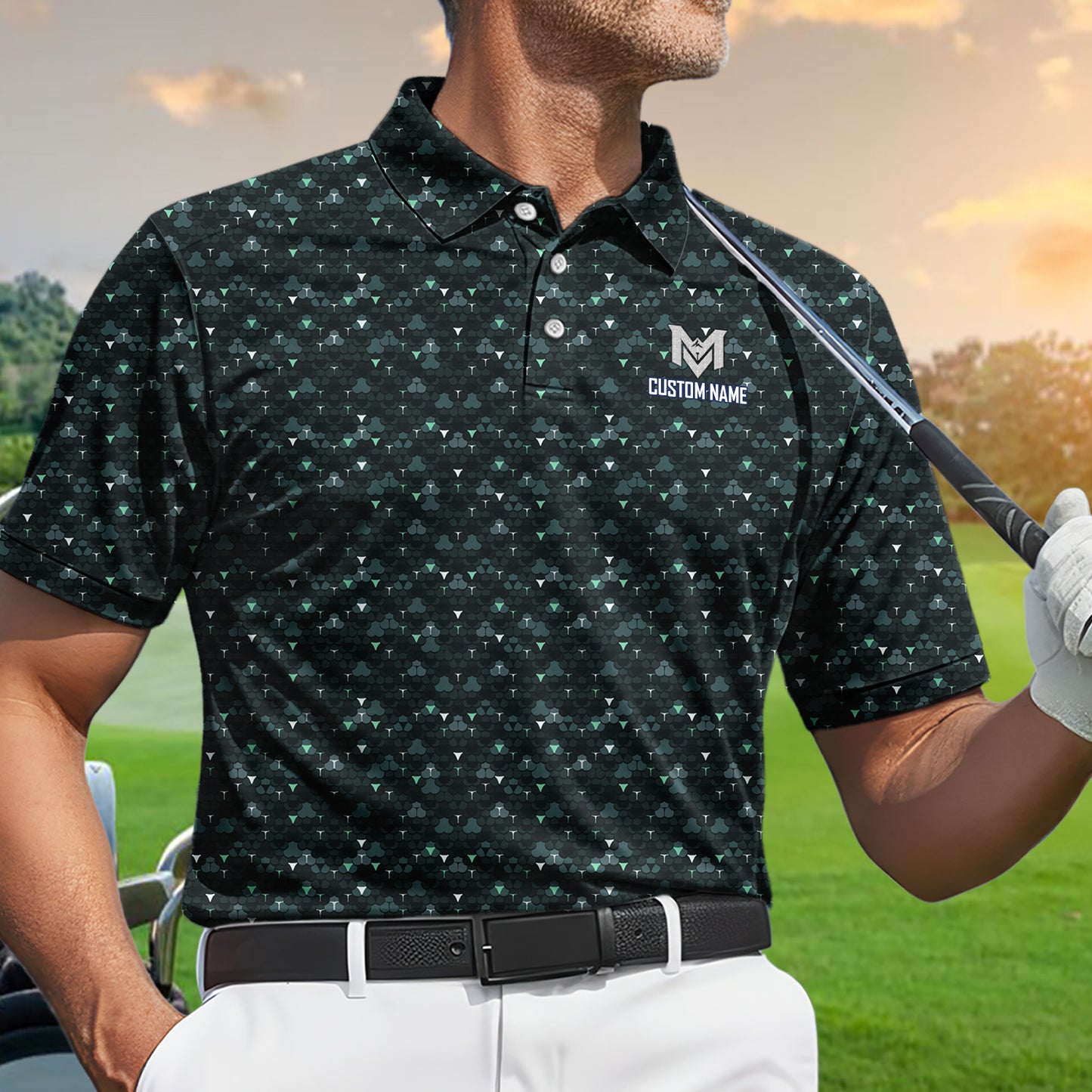 Personalized Dark Golf Ball Pattern Polo Shirt for Men Modern All Over Print Performance Golf Polo Lightweight Breathable Golf Apparel