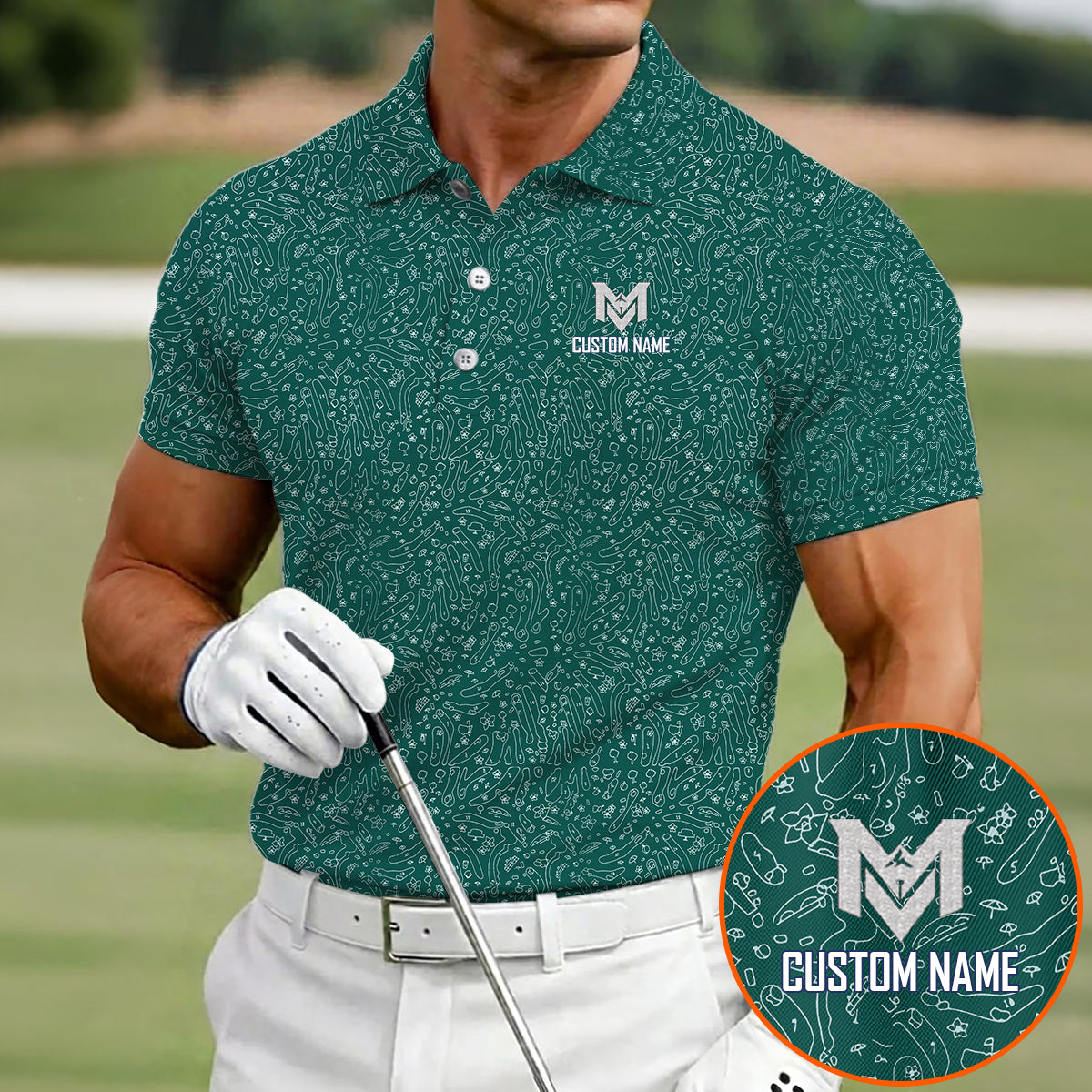 Personalized Green Golf Doodle Pattern Polo Shirt for Men Funny All Over Print Performance Golf Polo Lightweight Breathable Golf Apparel