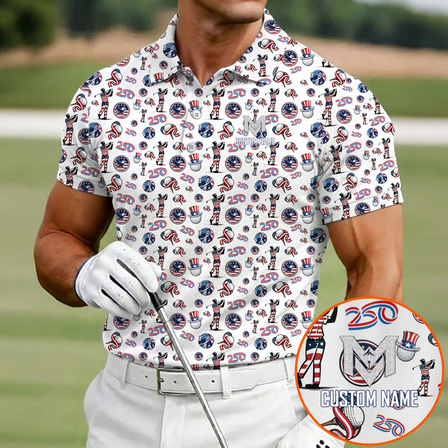 USA 250 Years Patriotic Golf Polo Shirt for Men American Flag Golfer All Over Print Performance Golf Shirt Semiquincentennial 1776–2026