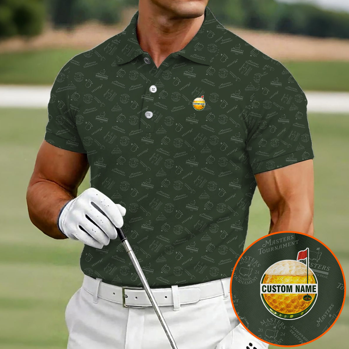 Personalized Masters Style Golf Polo Shirt for Men – Custom Name Golf Ball Logo Performance Polo, Dark Green Pattern Golf Shirt Gift for Golfers