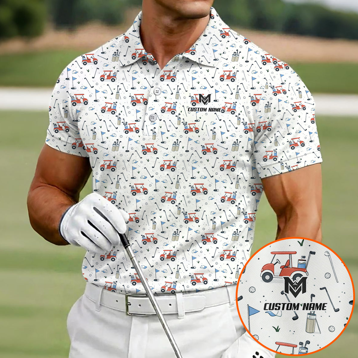 Personalized Funny Golf Cart Pattern Polo Shirt for Men All Over Print Golf Equipment Design Performance Golf Polo Lightweight Breathable Golf Apparel