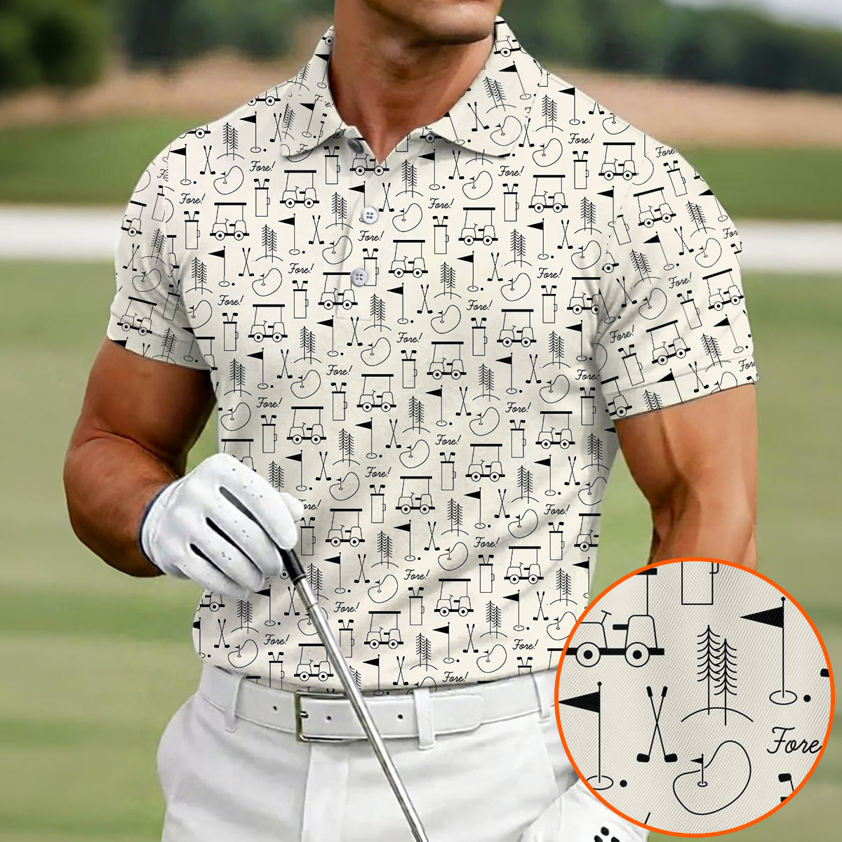 Men’s Funny Golf Polo Shirt, Golf Cart & Clubs “Fore!” Pattern, Casual Golf Polo for Golfers, Golf Lover Gift