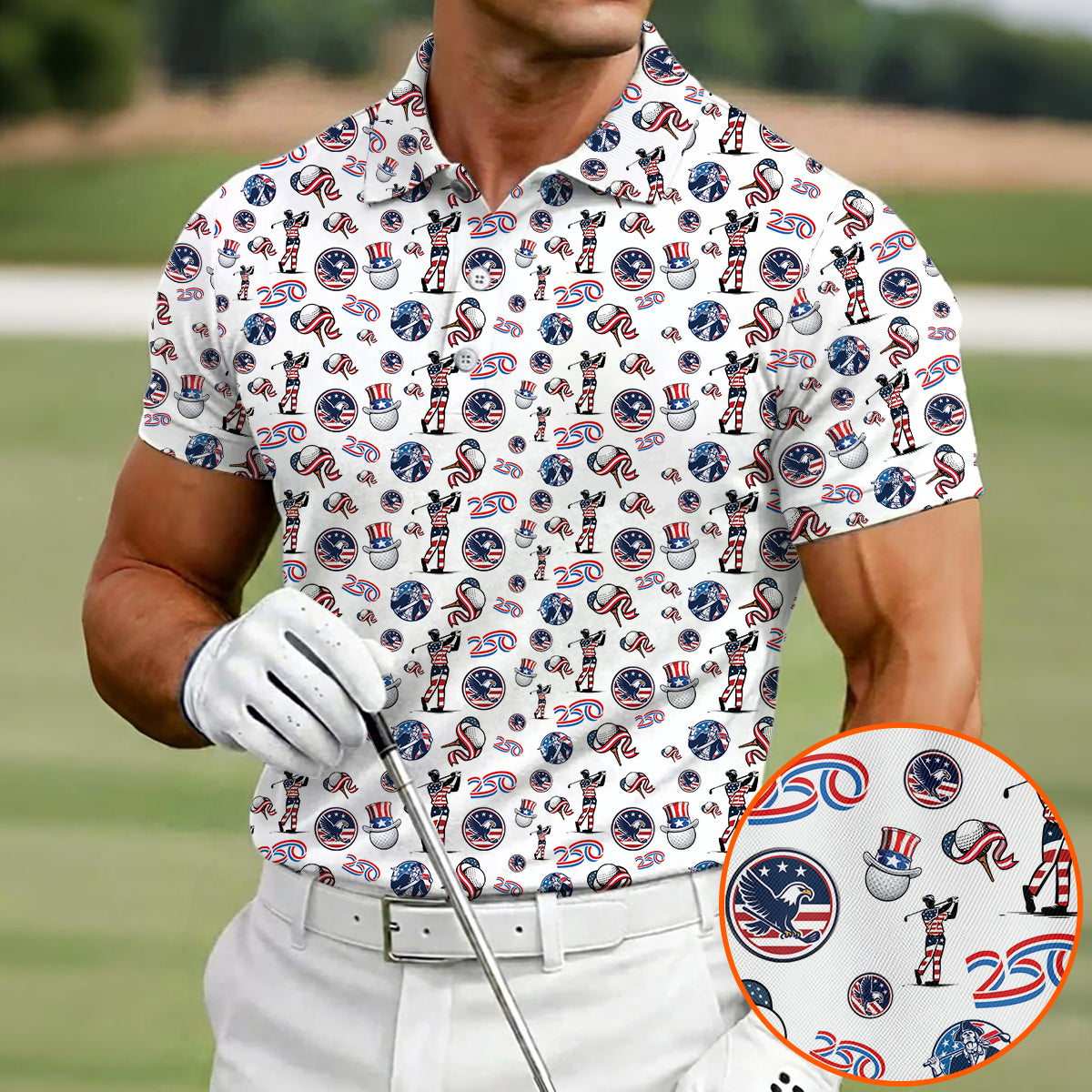 USA 250 Years Patriotic Golf Polo Shirt for Men American Flag Golfer All Over Print Performance Golf Shirt Semiquincentennial 1776–2026