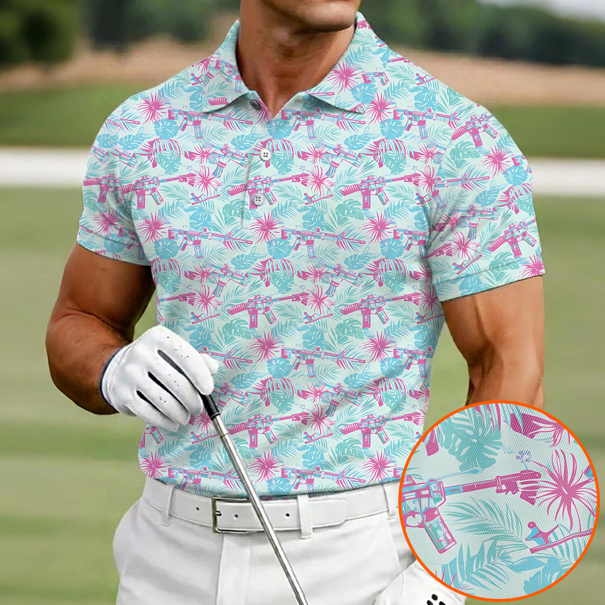 Funny Tactical Hawaiian Golf Polo Shirt for Men – Tropical Pattern Performance Golf Shirt, Lightweight Breathable Novelty Golf Polo