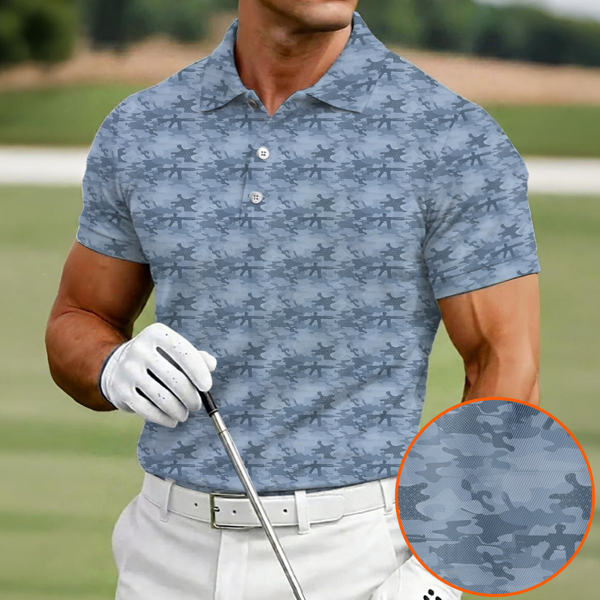 Men’s Tactical Camo Golf Polo Shirt, Rifle Camouflage Pattern Golf Shirt, Military Style Golf Polo, Patriotic Golf Apparel