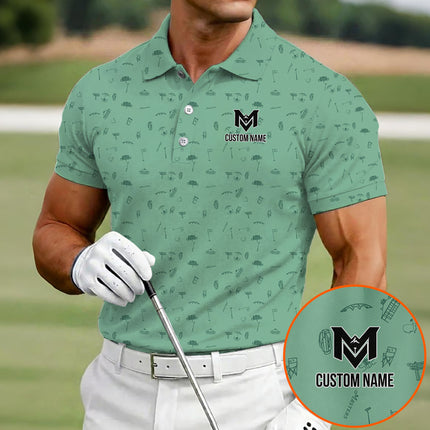 Personalized Golf Icons Pattern Polo Shirt for Men – Custom Name Golf Polo Shirt – Unique Casual Sport Shirt