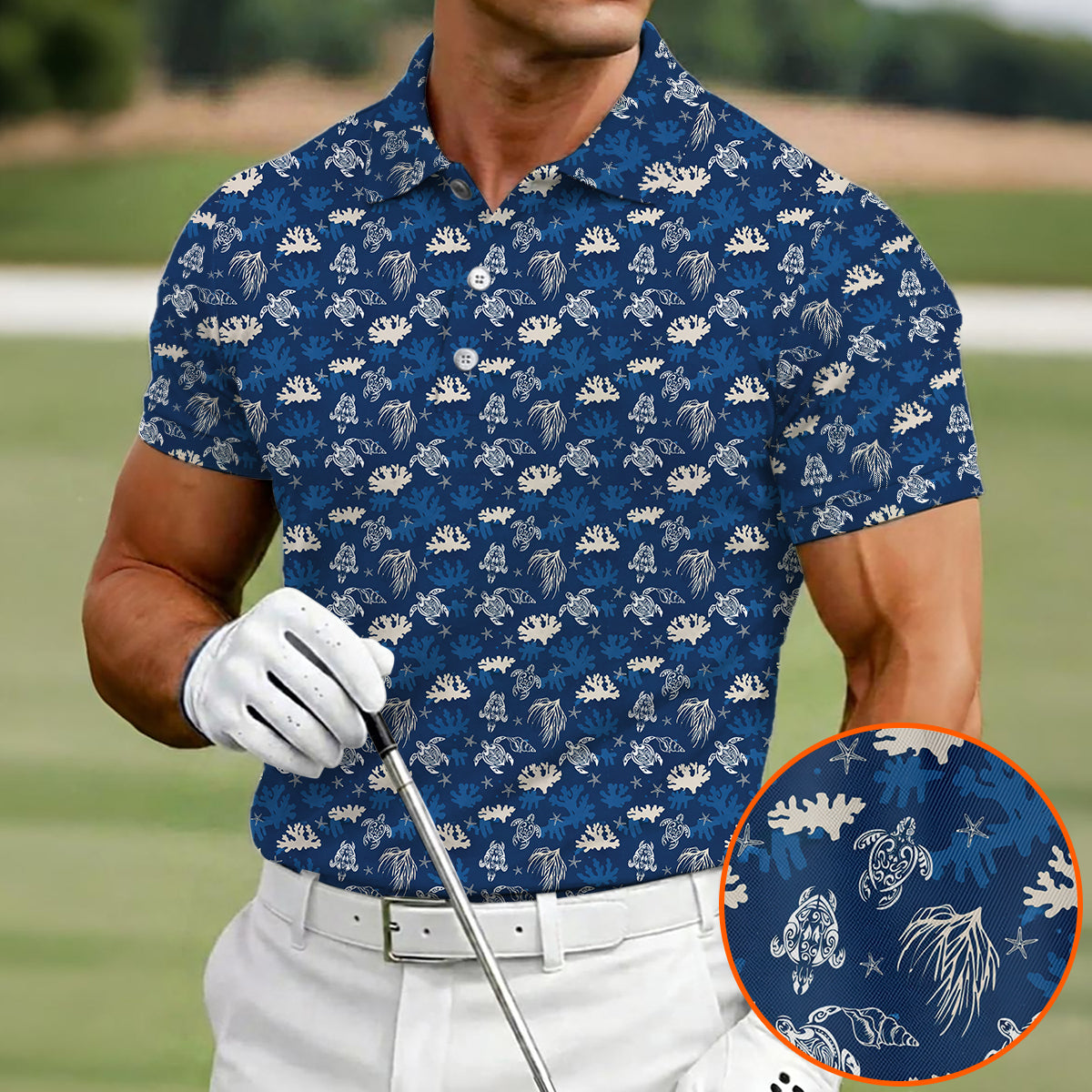 Men’s Hawaiian Sea Turtle Golf Polo Shirt, Ocean Coral & Marine Pattern Golf Shirt, Tropical Beach Style Golf Polo, Summer Golf Apparel