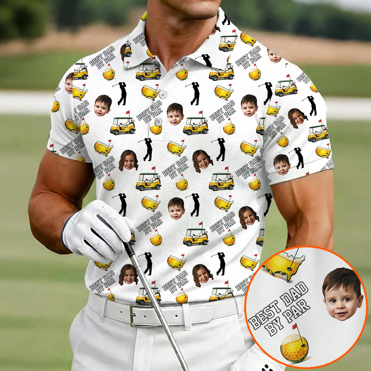 Funny Custom Baby Face, Golf Polo Shirt for Men, Best Dad By Par Golf Cart Pattern