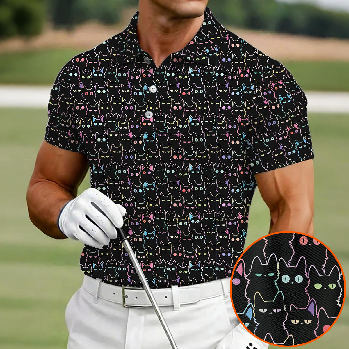 Black Cat Golf Polo Shirt Funny Cat Pattern Men Casual Golf Shirt