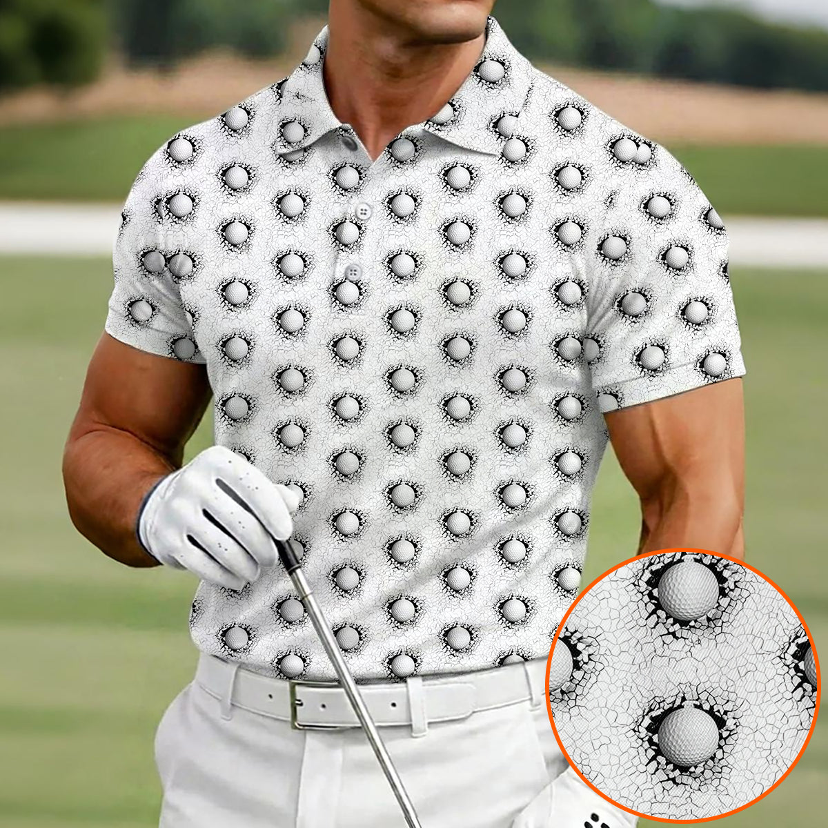Cracked Golf Ball Pattern Golf Polo Shirt for Men – Unique 3D Golf Ball Print Performance Golf Shirt Lightweight Breathable Golf Polo