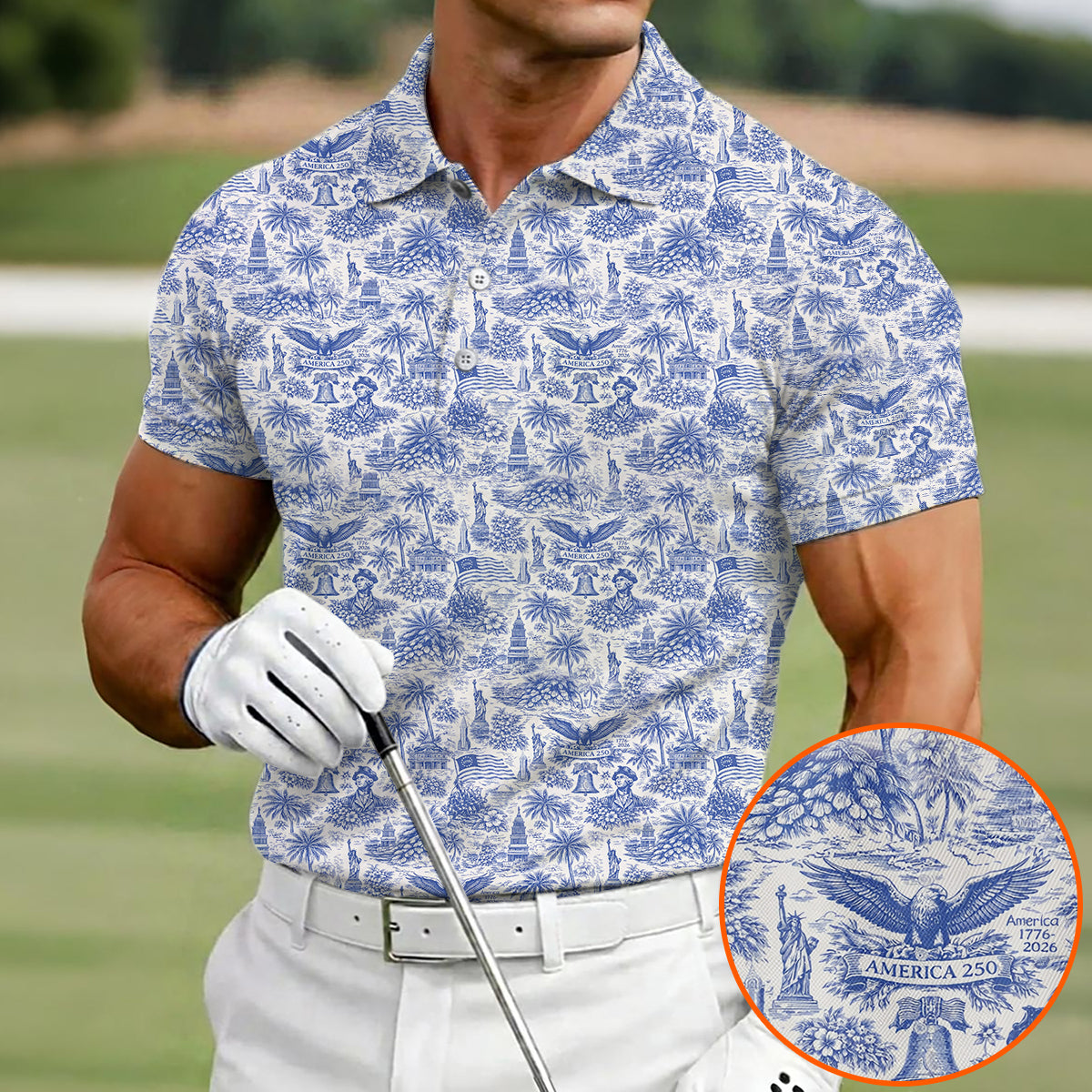 America 250 Patriotic Golf Polo Shirt for Men 1776-2026 USA Independence Anniversary All Over Print Golf Shirt Patriotic American Eagle Golf Polo