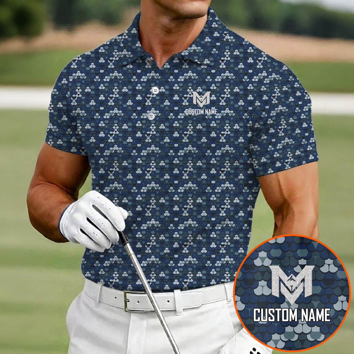 Personalized Blue Golf Ball Pattern Polo Shirt for Men All Over Print Performance Golf Polo Lightweight Breathable Golf Apparel