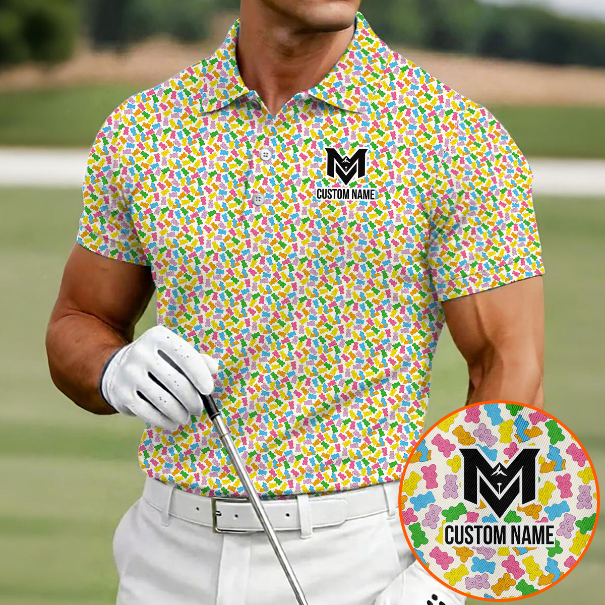 Personalized Colorful Gummy Bear Golf Polo Shirt for Men Funny Candy Pattern All Over Print Performance Golf Polo Lightweight Breathable Golf Apparel