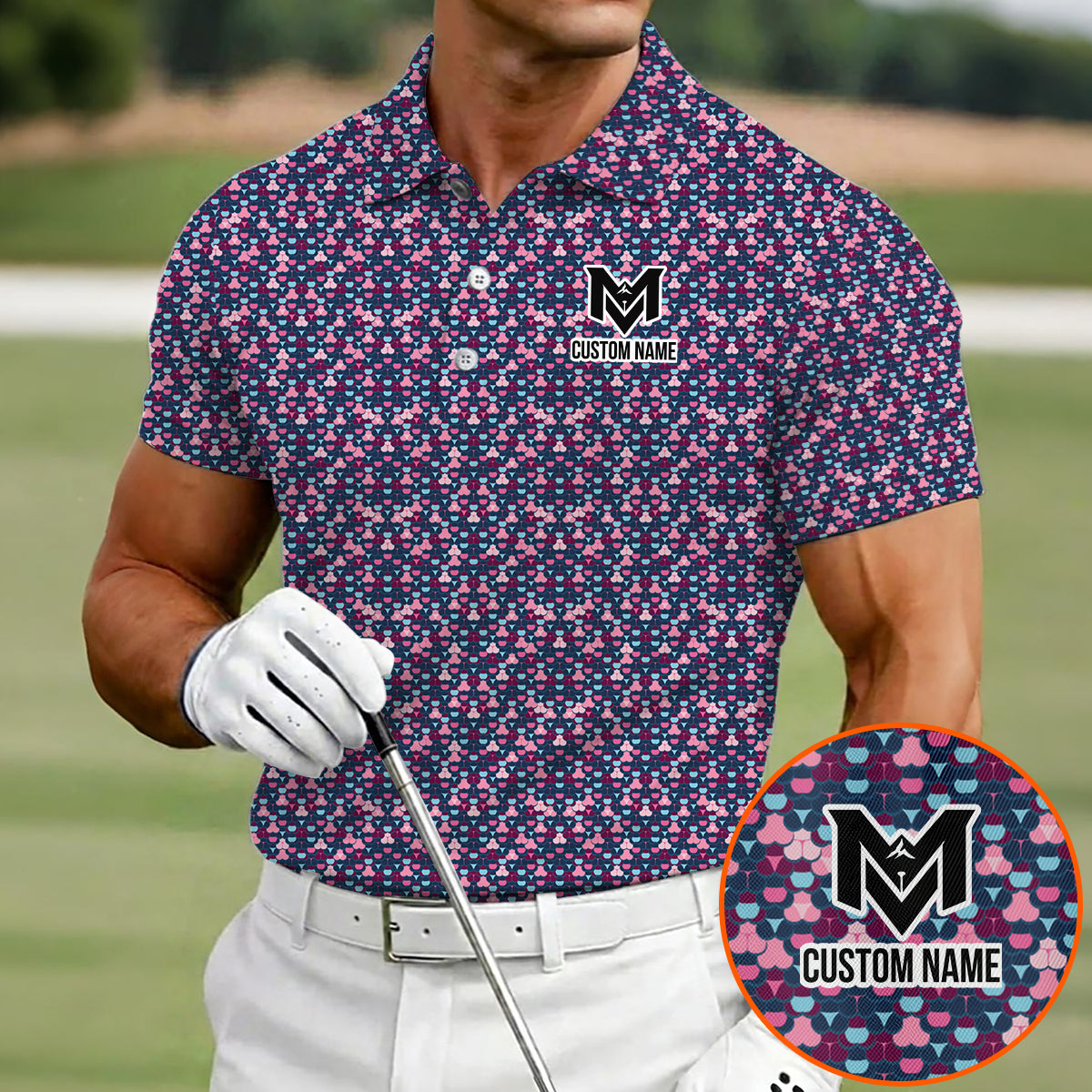Personalized Pink Blue Golf Ball Pattern Polo Shirt for Men Modern All Over Print Performance Golf Polo Lightweight Breathable Golf Apparel