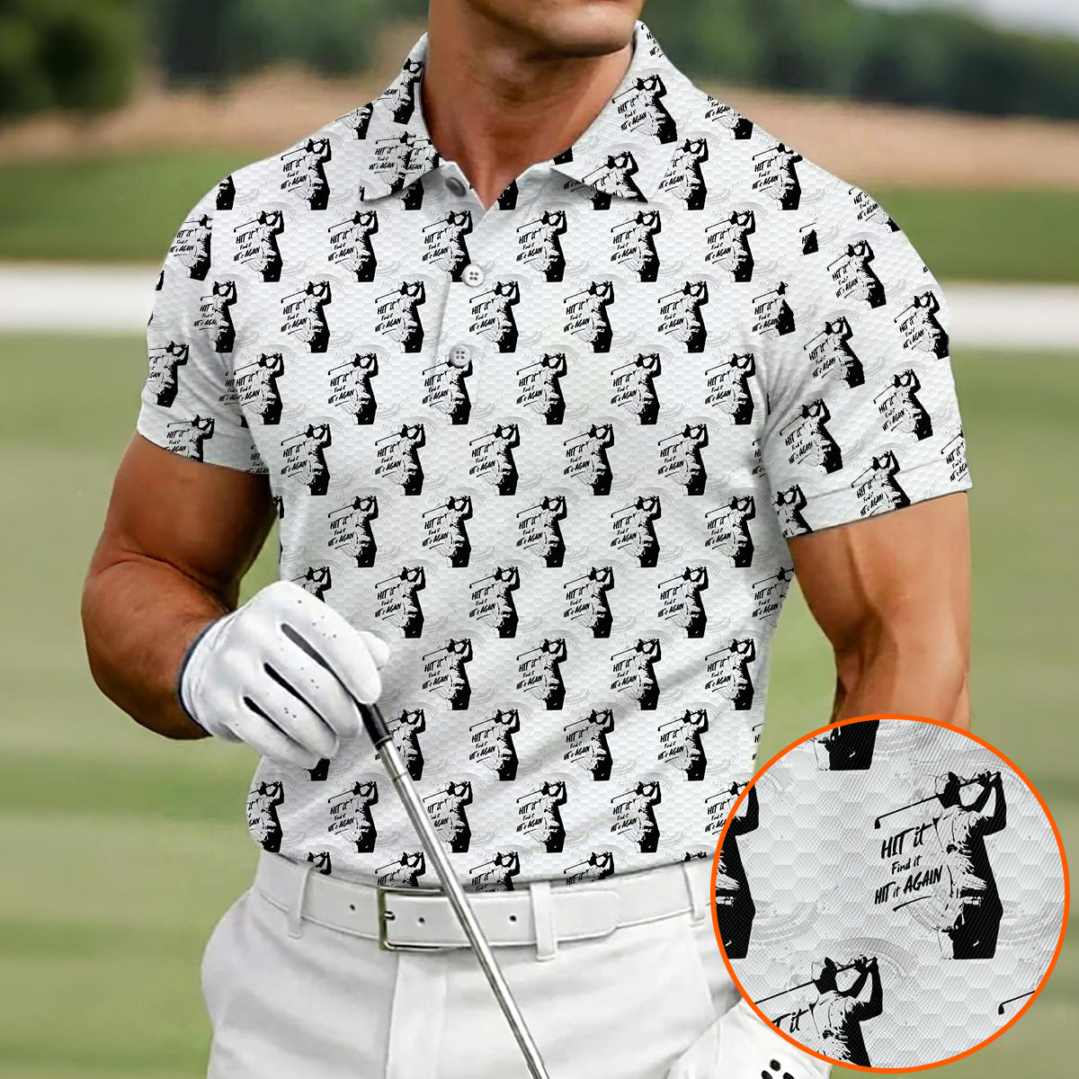 Funny Hit It Find It Hit It Again Golf Polo Shirt for Men – Vintage Golfer Pattern Performance Golf Shirt, Lightweight Breathable Golf Polo