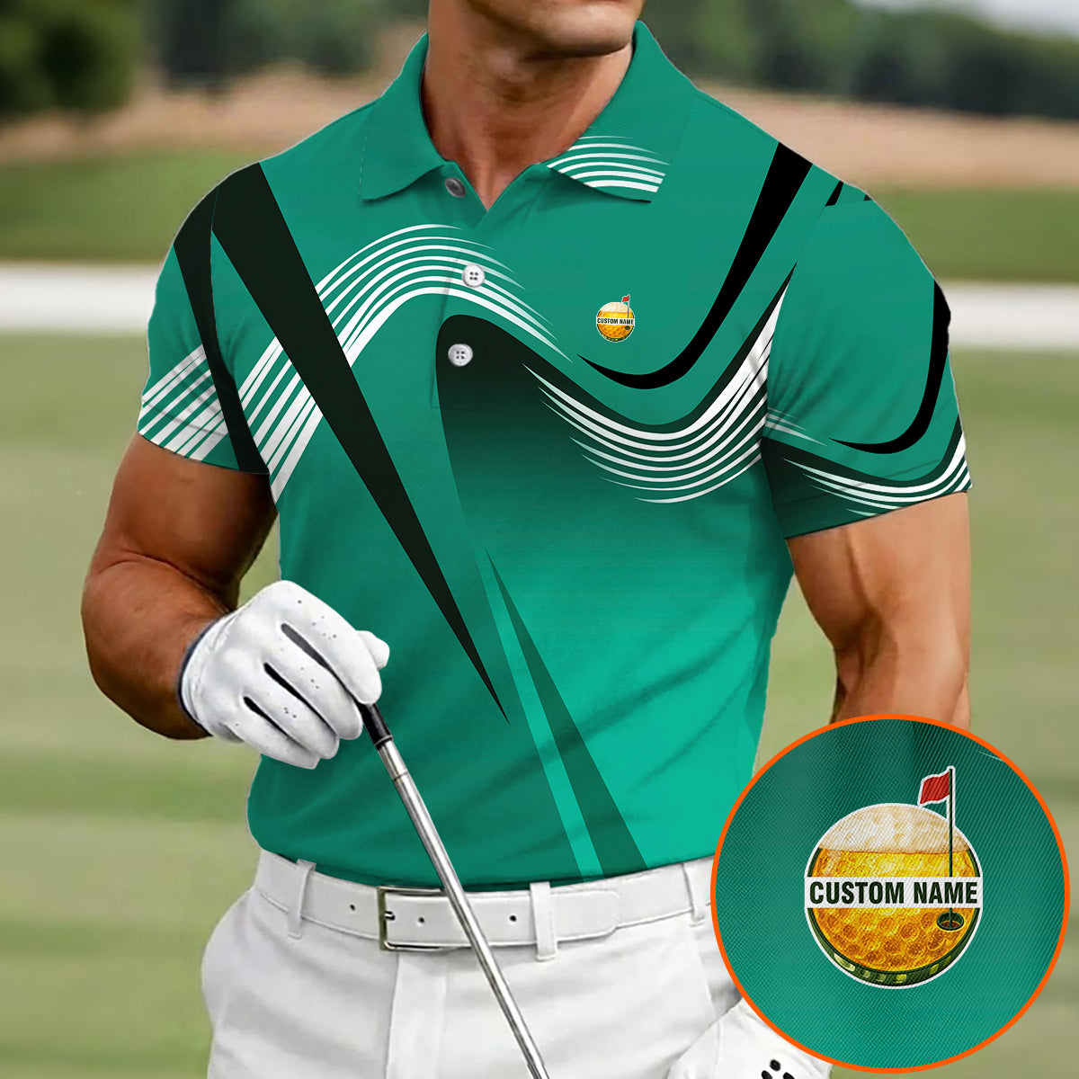 Personalized Custom Name Modern Wave Pattern Golf Polo Shirt for Men Stylish Golf Apparel
