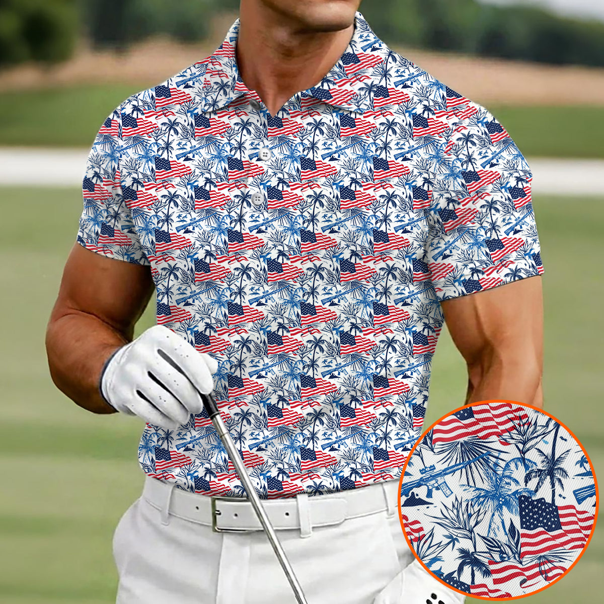 American Flag Hawaiian Golf Polo Shirt for Men – Patriotic USA Tropical Performance Golf Shirt, Lightweight Breathable 4th of July Golf Polo