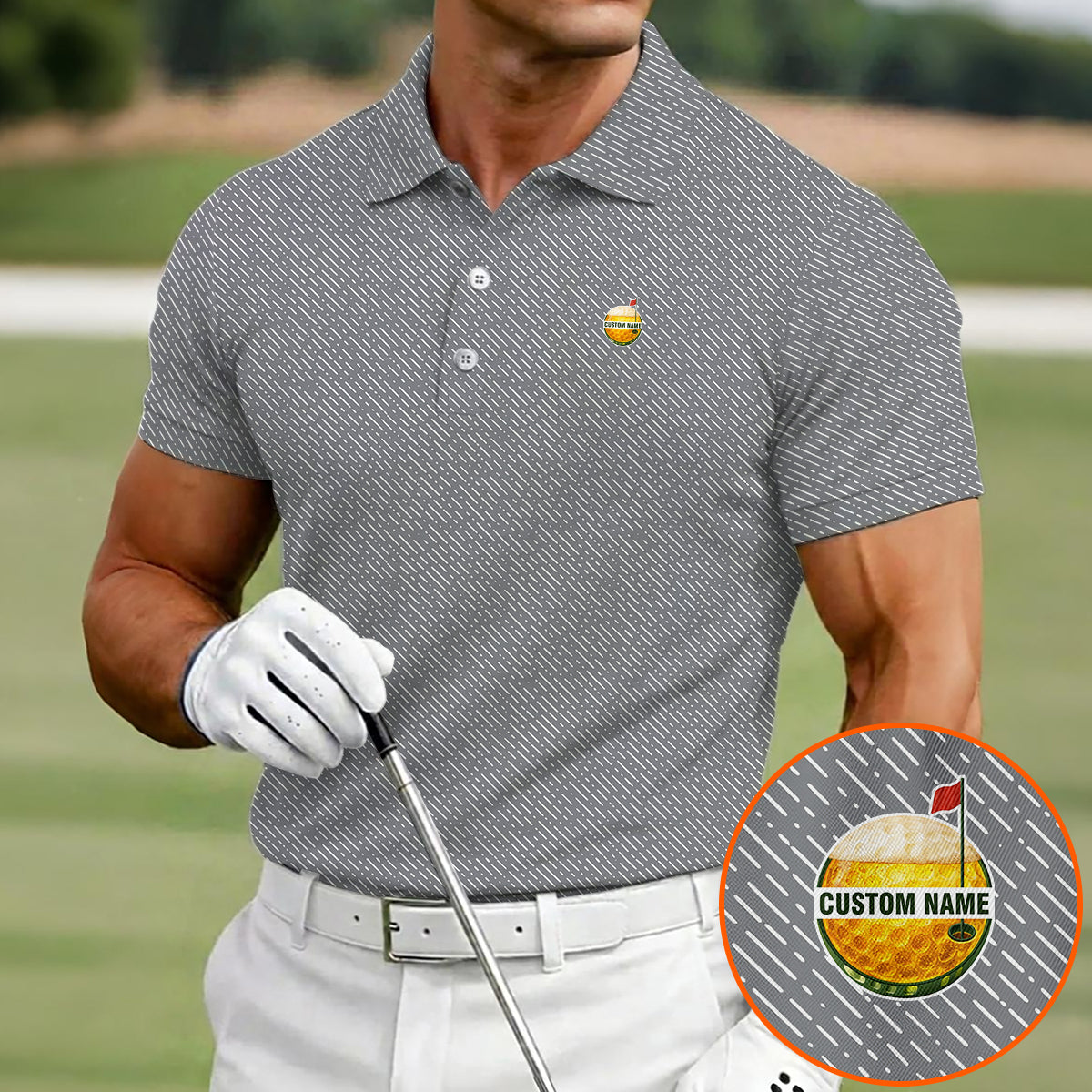 Personalized Custom Name Diagonal Dash Pattern Golf Polo Shirt for Men Stylish Minimal Golf Apparel