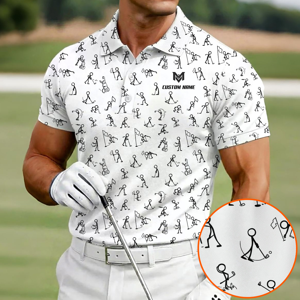 Funny Stick Figure Golf Pattern Polo Shirt for Men Custom Name All Over Print Golf Polo Golf Lover Gift Lightweight Performance Golf Shirt