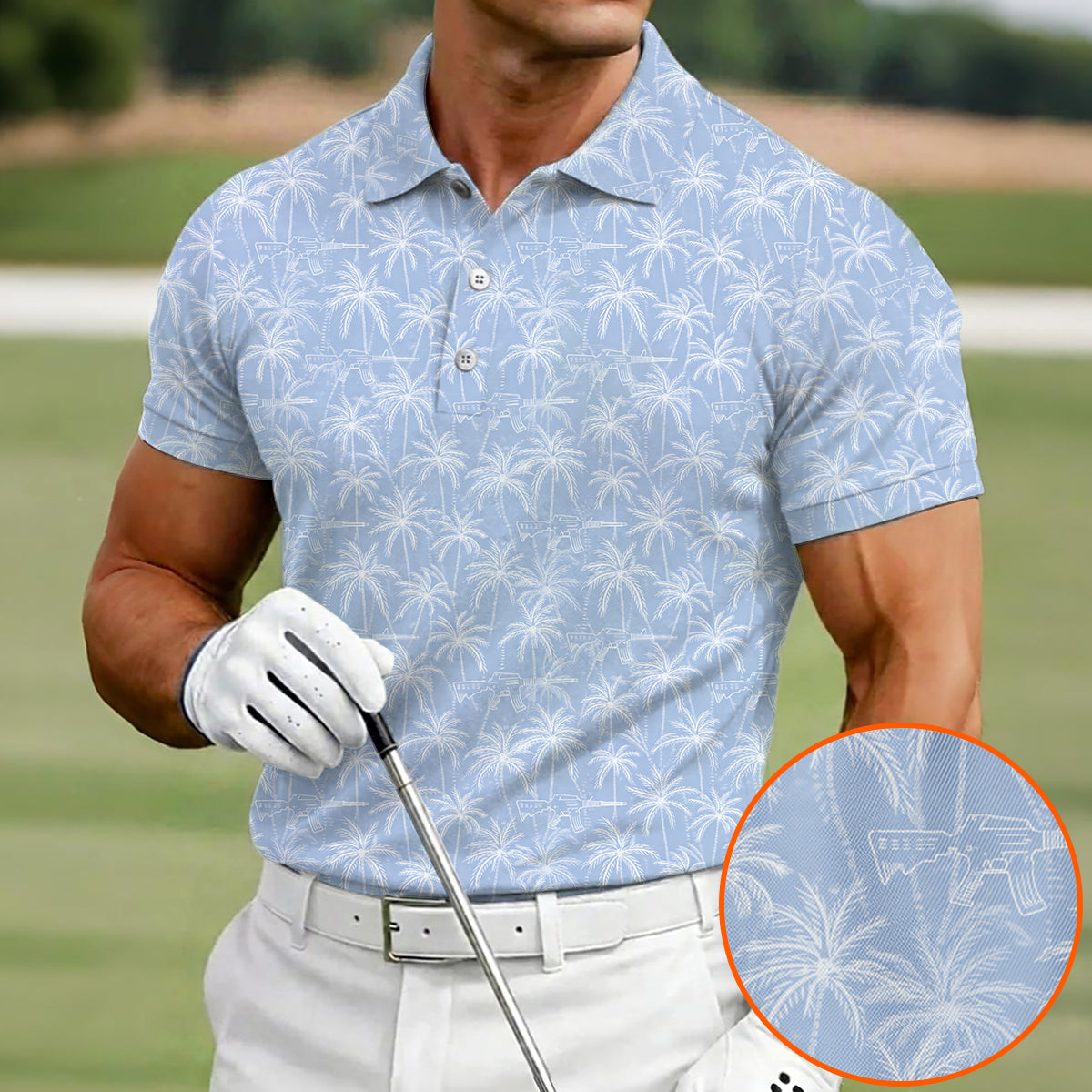 Men’s Tactical Hawaiian Golf Polo Shirt, Palm Tree & Rifle Pattern Golf Shirt, Funny Gun Lover Golf Polo, Patriotic Golf Apparel
