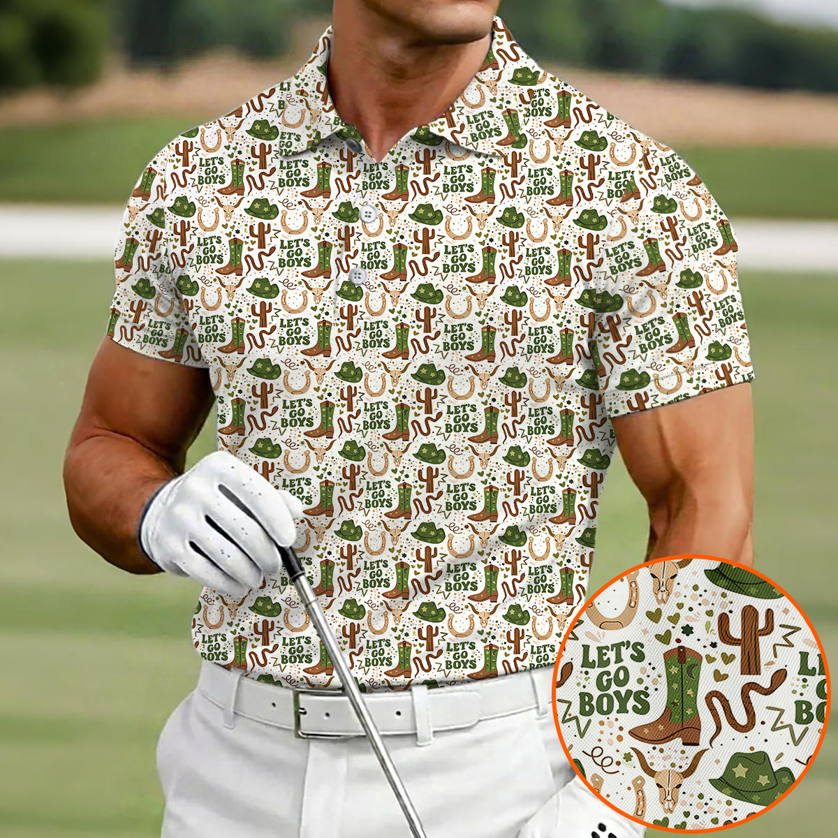 Men’s Funny Cowboy Golf Polo Shirt, Western Boots Cactus “Let’s Go Boys” Pattern Golf Shirt, Country Western Golf Apparel, Rodeo Style Golf Polo