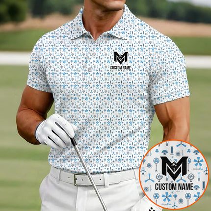 Blue Funny Golf Icons Polo Shirt for Men Golf Equipment Pattern All Over Print Performance Golf Polo Lightweight Breathable Golf Apparel