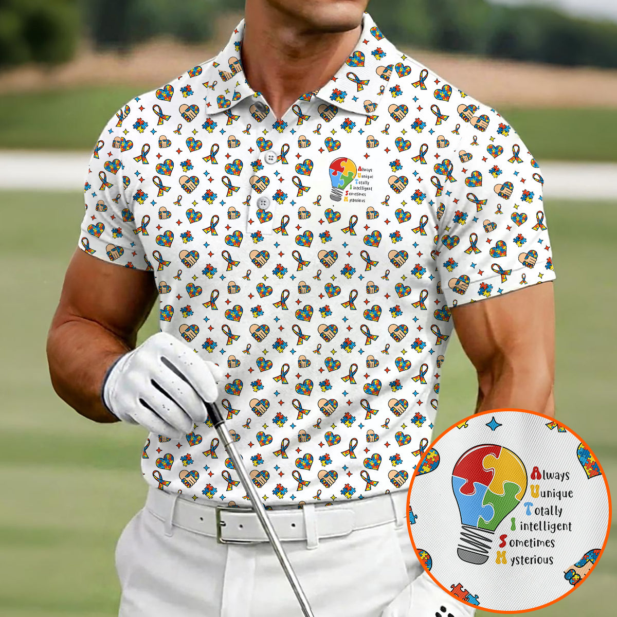 Autism Awareness Golf Polo Shirt Puzzle Pattern Men Golf Shirt