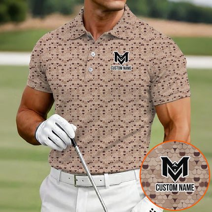 Brown Golf Ball Pattern Polo Shirt for Men Classic All Over Print Performance Golf Polo Lightweight Breathable Golf Apparel
