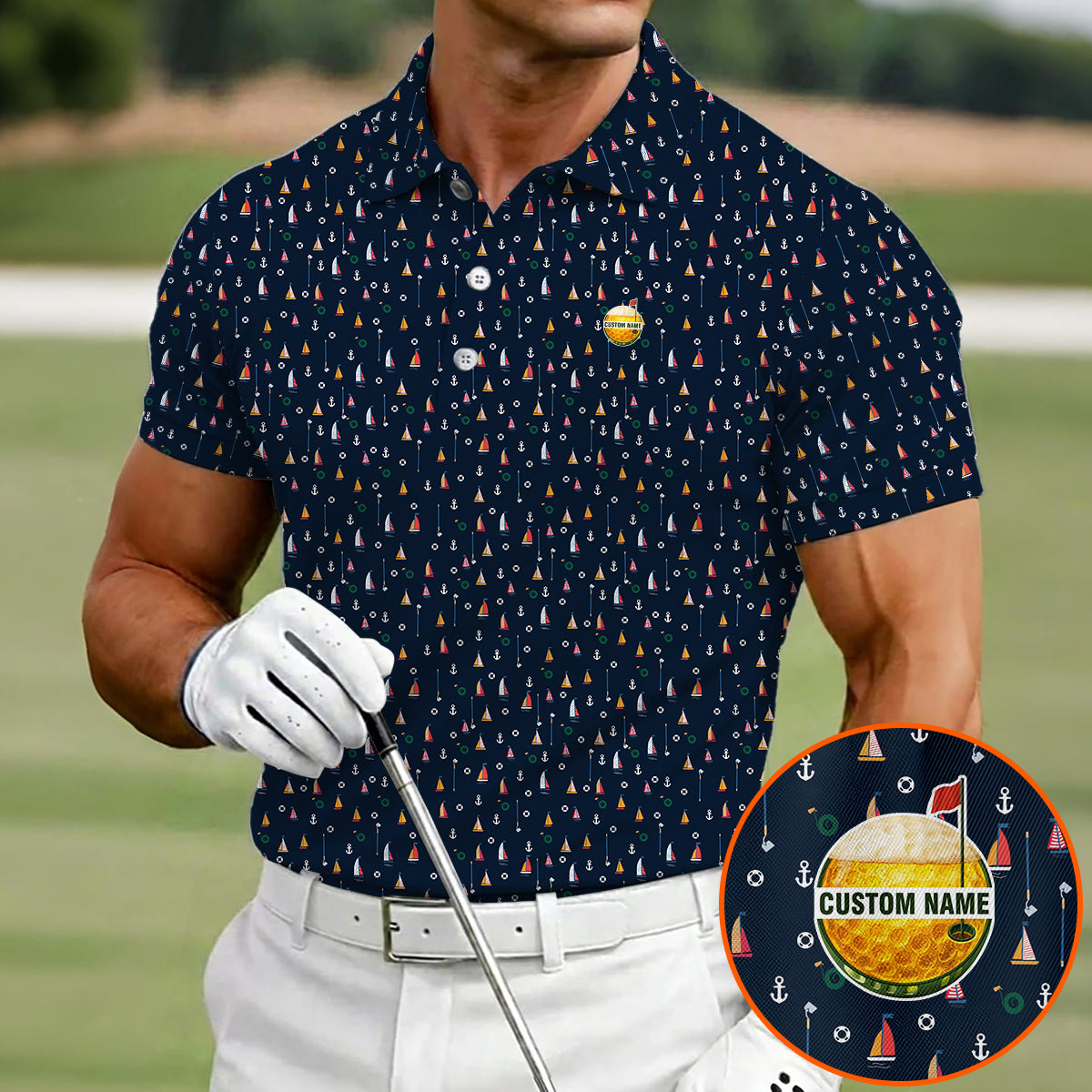 Personalized Custom Name Nautical Sailing Pattern Golf Polo Shirt for Men Unique Golf Apparel