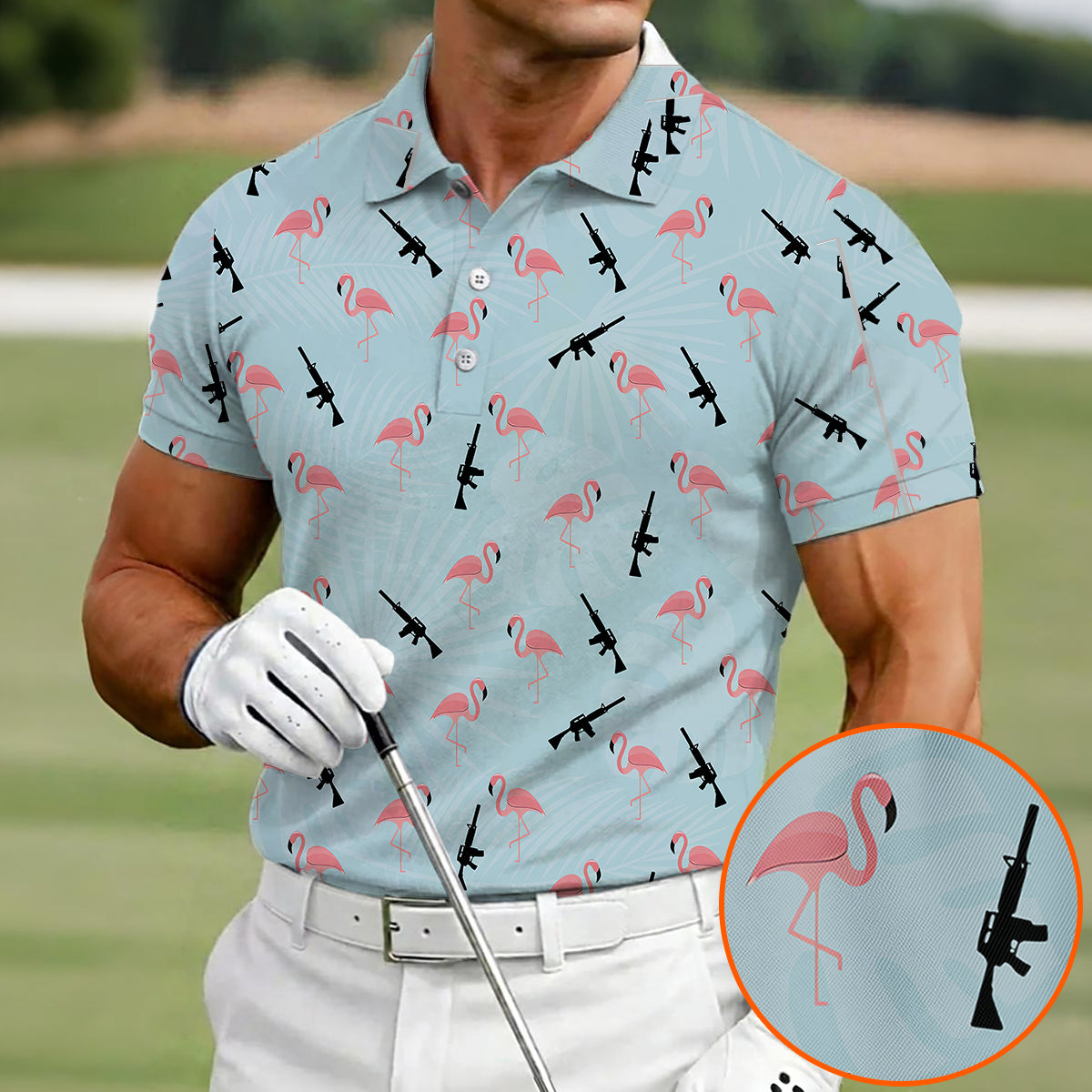 Funny Flamingo Gun Golf Polo Shirt for Men – Tactical Flamingo Pattern Performance Golf Shirt, Lightweight Breathable Novelty Golf Polo