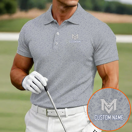 Funny Golf Doodle Pattern Polo Shirt for Men Minimalist All Over Print Performance Golf Polo Lightweight Breathable Golf Shirt