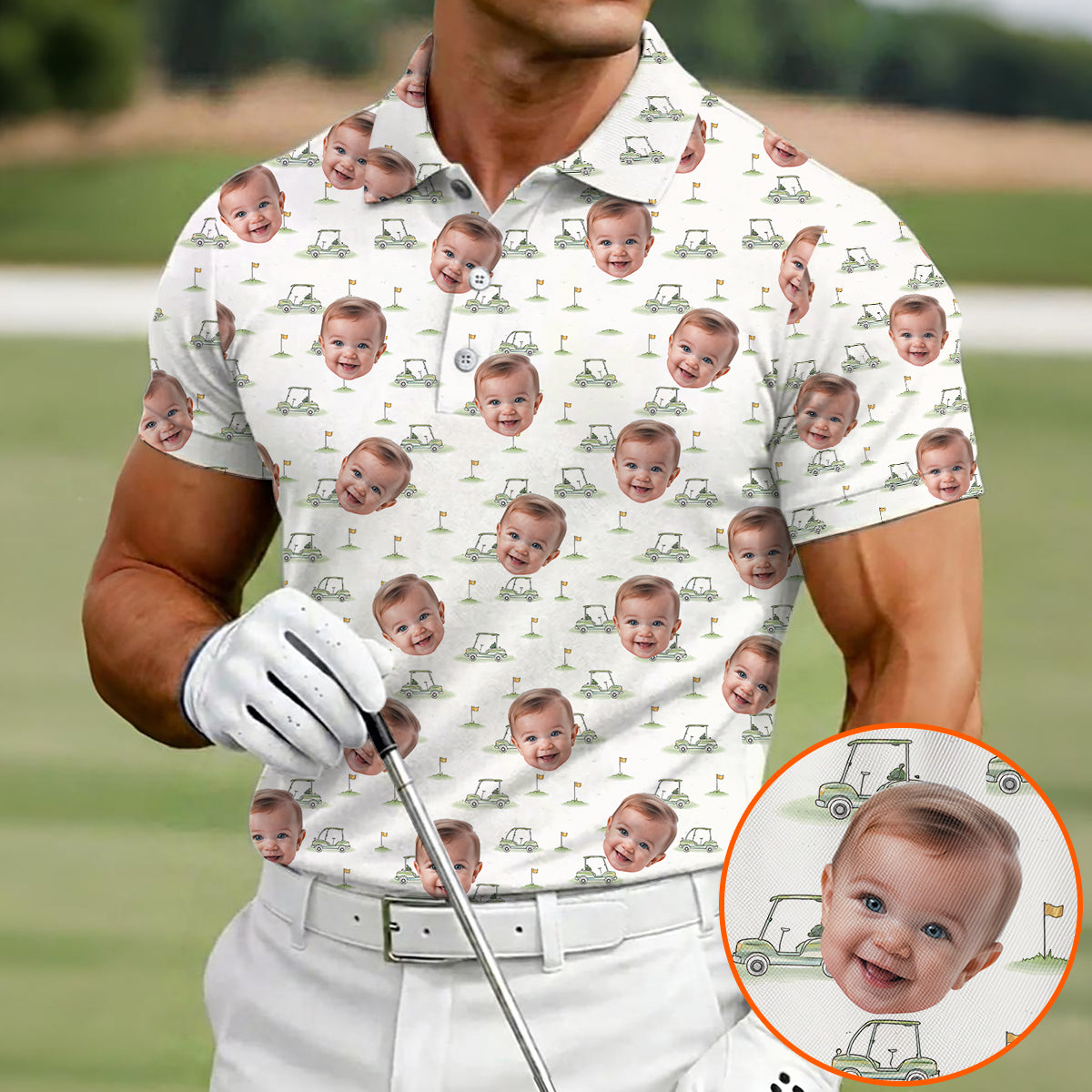 Funny Custom Baby Face Golf Polo Shirt for Men Personalized Photo Golf Shirt with Golf Cart Pattern All Over Print Unique Golf Gift for Dad or Grandpa